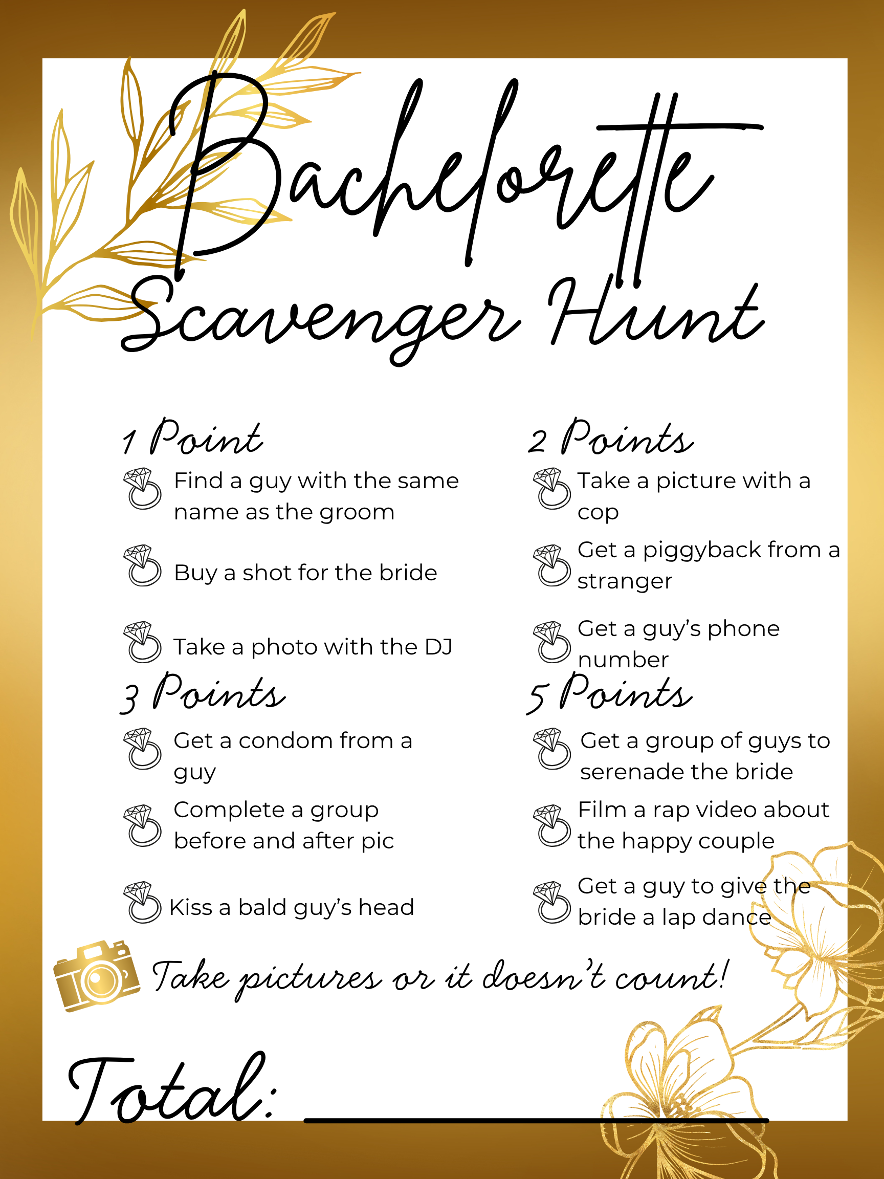 Printable Bachelorette Scavenger Hunt Card