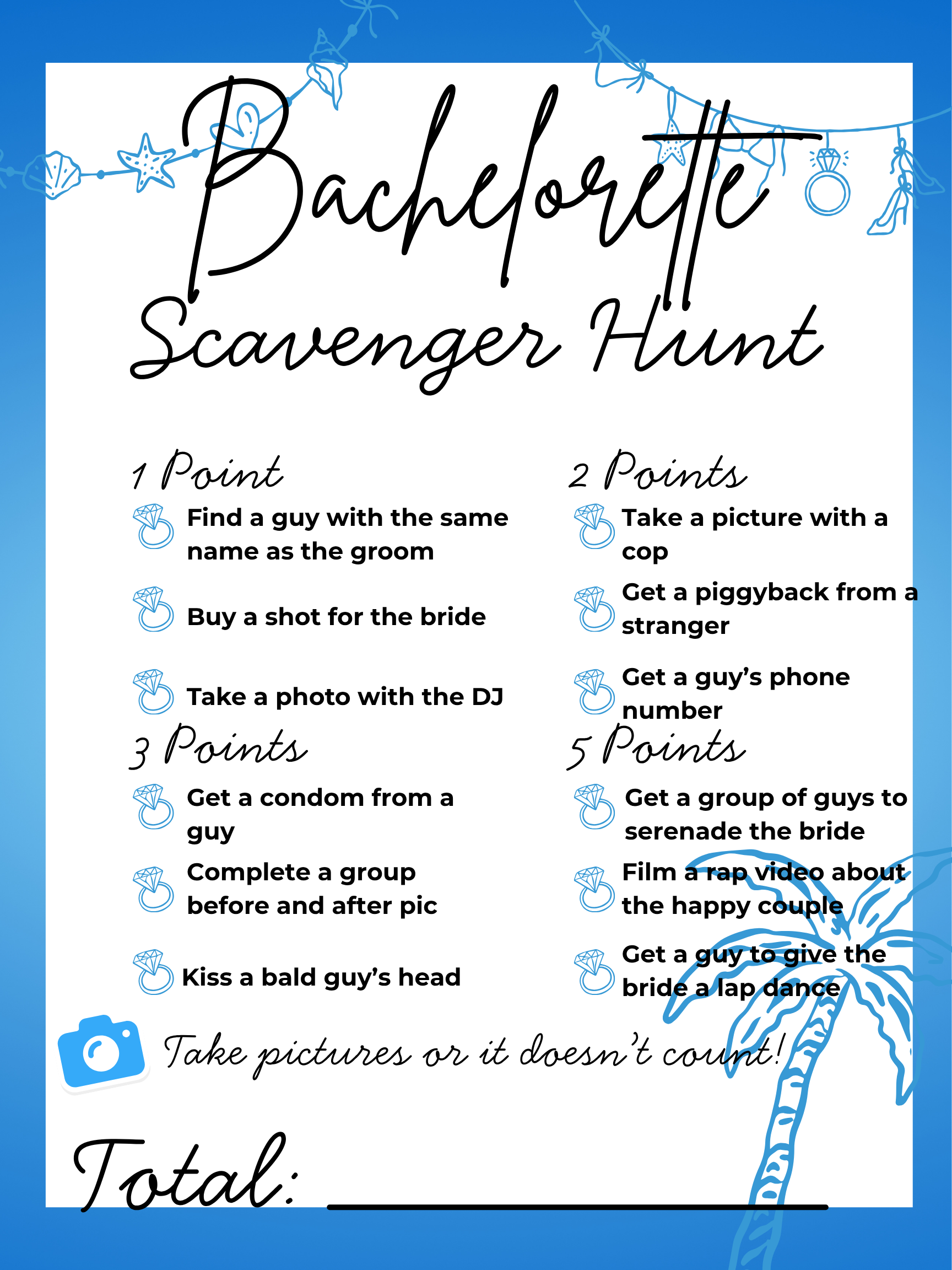 Printable Bachelorette Scavenger Hunt Card