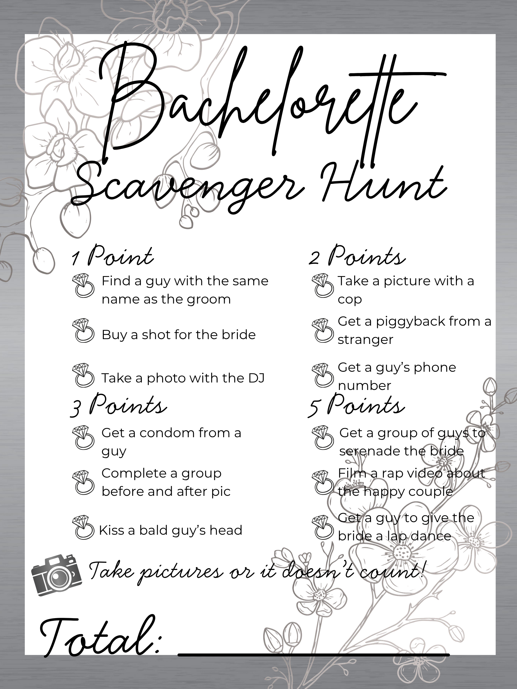 Printable Bachelorette Scavenger Hunt Card