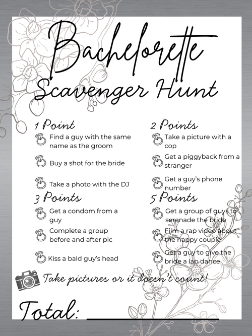 Printable Bachelorette Scavenger Hunt Card